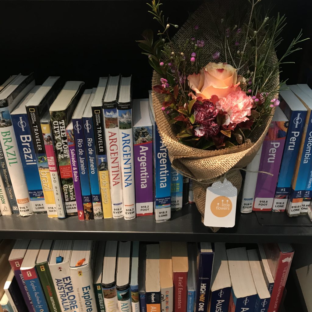 Tiny bouquet nestled among books at Double Bay Library