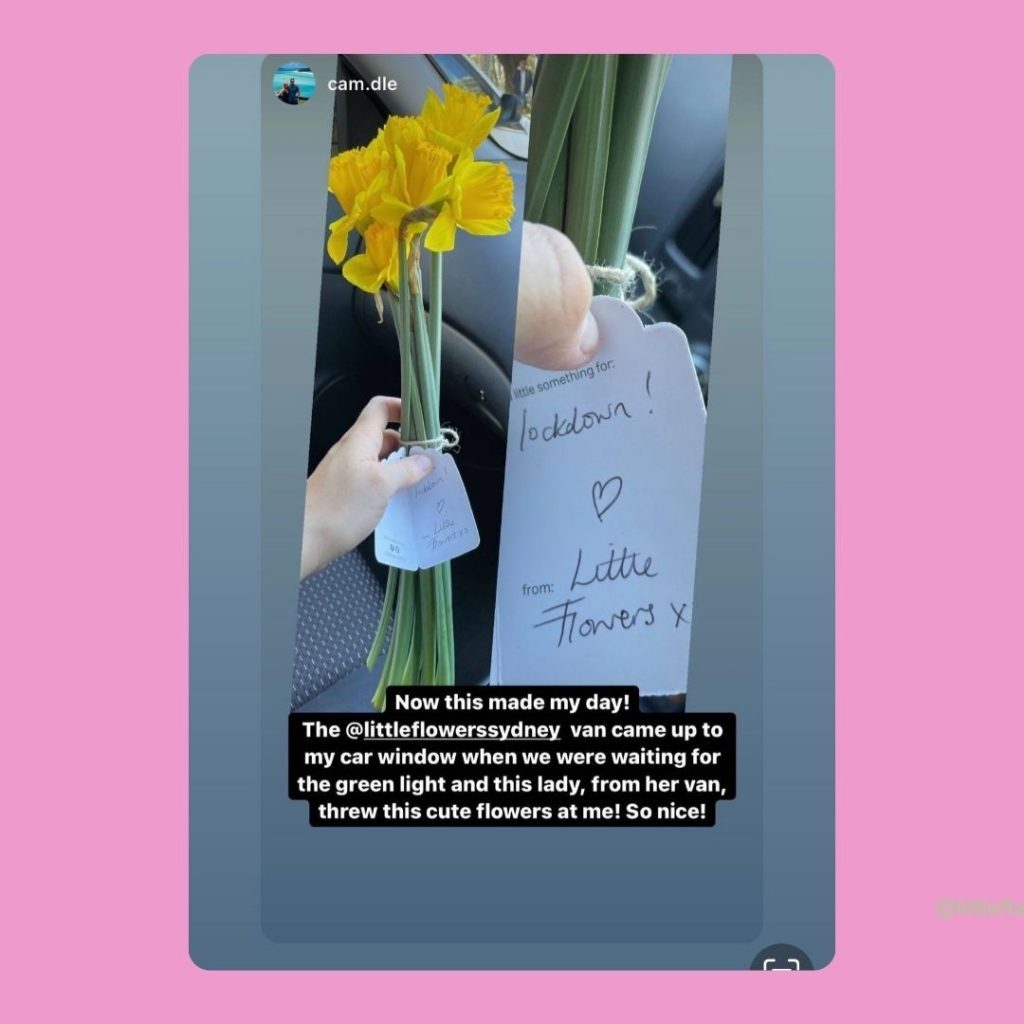 Instagram story of car-window flower pass during lockdown