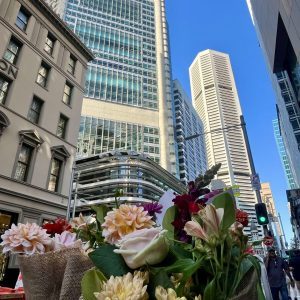 Bouquet of flowers with Sydney city skyline behind