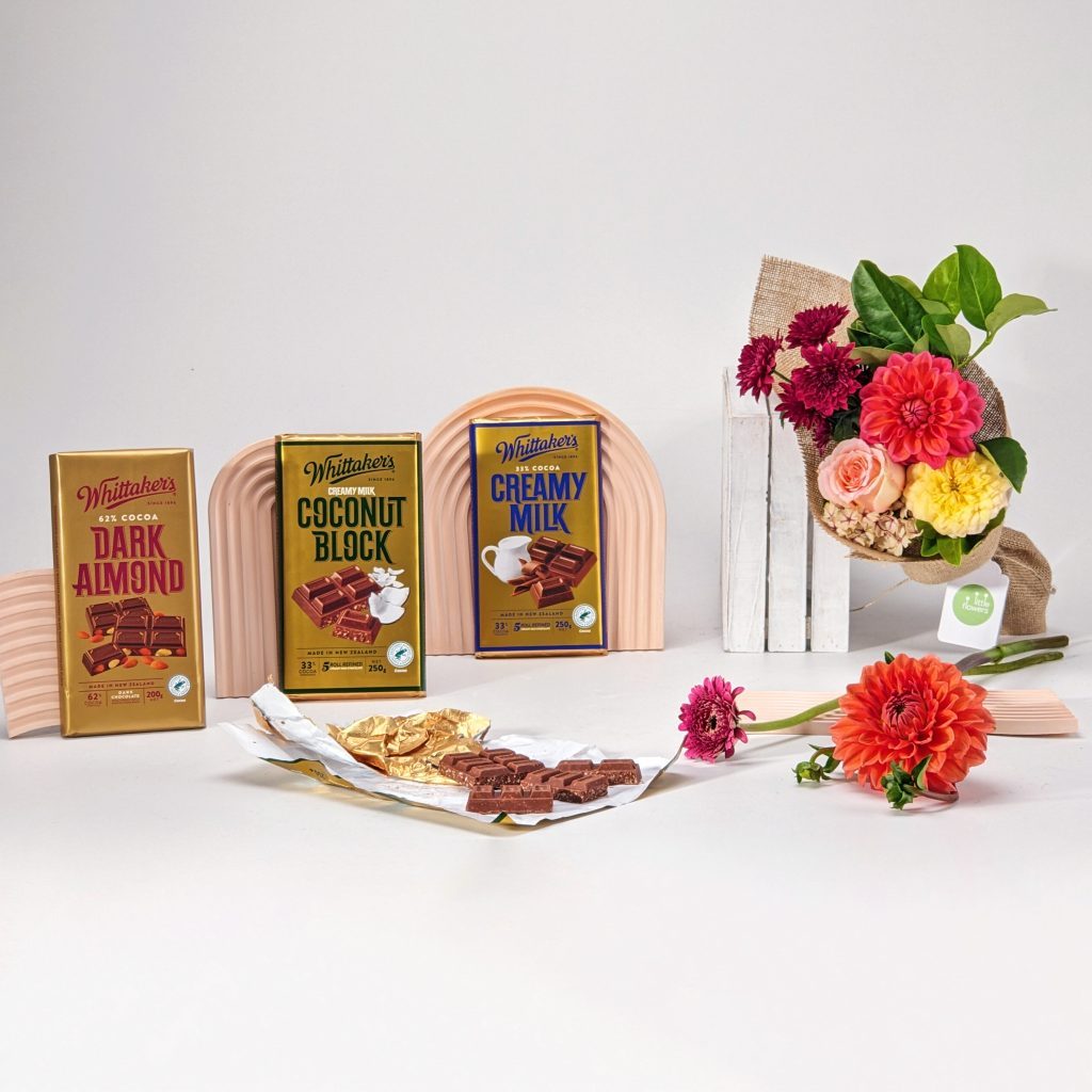 Mixed bouquet styled with chocolat bars.