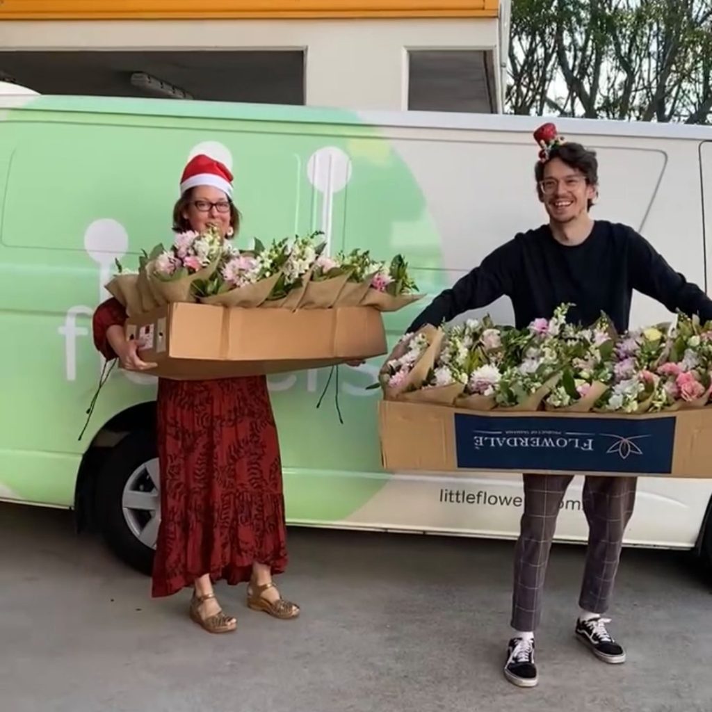 Boxes of flowers ready for Meals on Wheels volunteers
