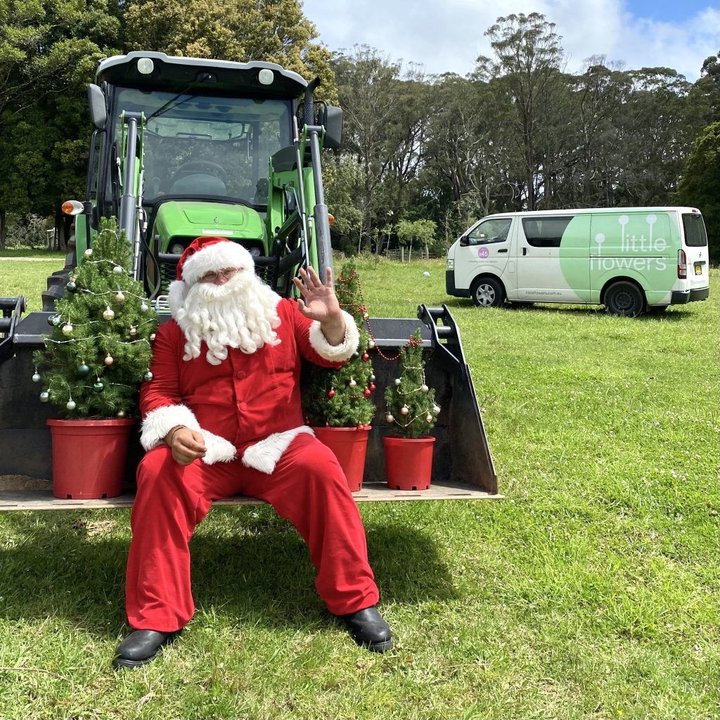 Santa at the farm with our Sustainable Mini Christmas Trees