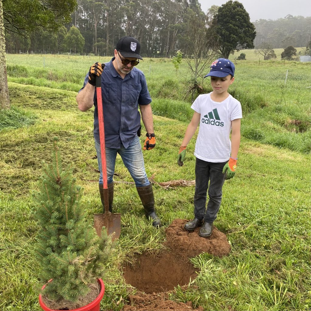 Child and Little Flowers team member standing with a decorated Christmas tree on the farm