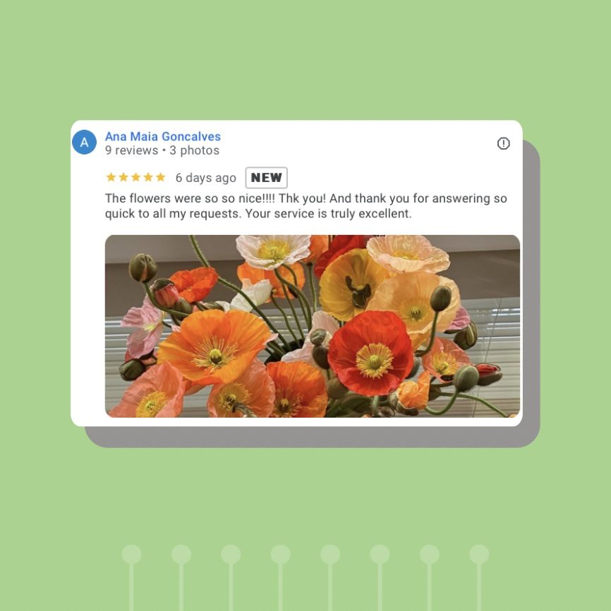 Customer review about fresh flowers and reliable delivery
