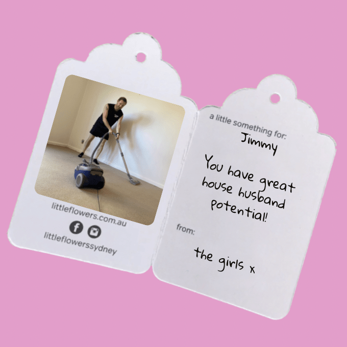 Personalised photo tag attached to flower bouquet